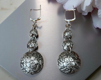 Handmade Fine Silver Floral Dangle Earrings, Oxidized Rustic Artisan Jewelry