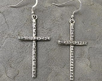 Sterling Silver Cross Earrings | Oxidized Heart Texture Dangle Jewelry