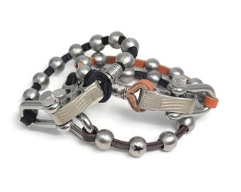 Stainless Steel Bead and Leather Bracelet For Men, Chunky Bracelet, Cool Bracelet, Masculine Bracelet, Layering Bracelet, Men's Bracelet