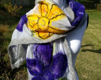 Handcrafted Nuno Felted Purple and Yellow Flower Scarf