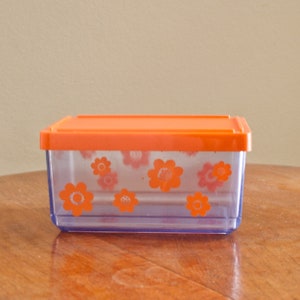 Erik Kold storage plastic container with orange flowers and lid, 1970s