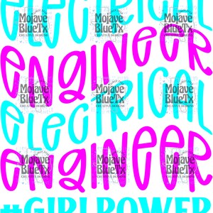 Może przedstawiać: Projekt graficzny z napisami "Electrical Engineer" i "Girlpower" w pogrubionej, stylizowanej czcionce. Napisy są w naprzemiennych kolorach r&oacute;żowym i niebieskim.