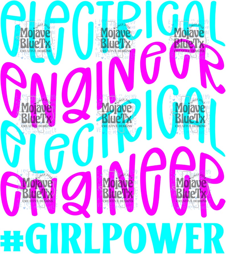 Może przedstawiać: Projekt graficzny z napisami "Electrical Engineer" i "Girlpower" w pogrubionej, stylizowanej czcionce. Napisy są w naprzemiennych kolorach r&oacute;żowym i niebieskim.