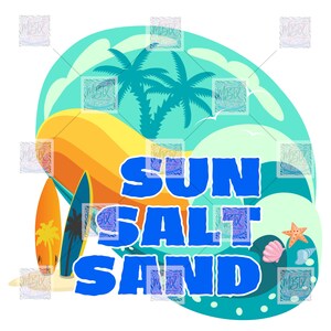 May include: A blue and white illustration of a beach scene with surfboards, palm trees, and waves. The text "SUN SALT SAND" is written in blue letters.