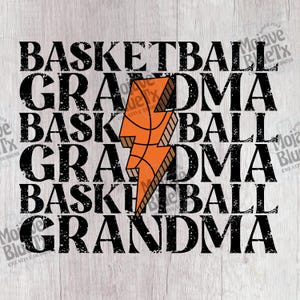 May include: Black and white text graphic with the words "Basketball Grandma" repeated four times. A stylized orange and brown lightning bolt with a basketball inside is centered in the graphic.