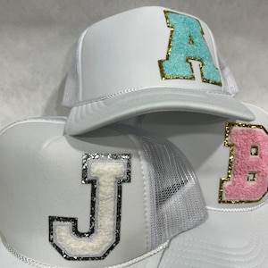 Chenille Swag Varsity Pretty Pink Letter "B" Foam White Trucker OTTO Cap, Custom Monogram, Initial Hat, Bachelorette Gift.