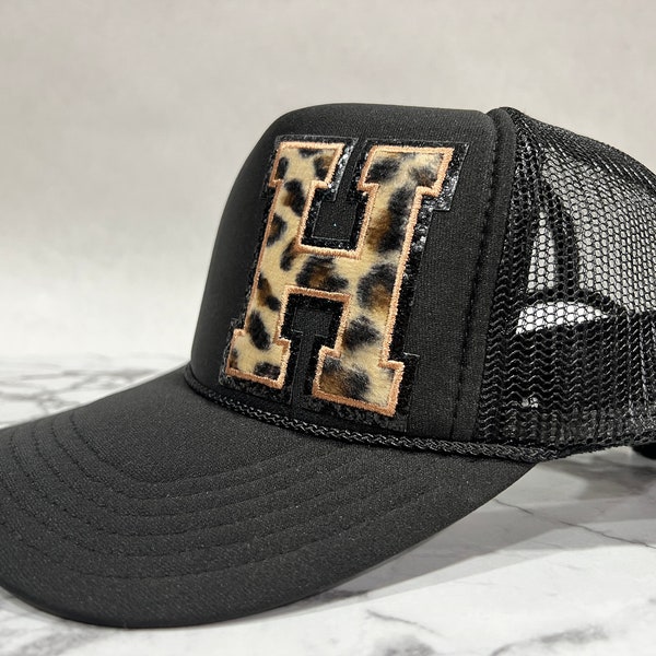 Chenille Swag Varsity Leopard Letter "H" Foam Black Trucker OTTO Cap, Custom Monogram, Initial Hat, Bachelorette Gift.