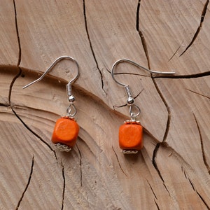 Orange Wood Cube Bead Handmade Drop Earrings