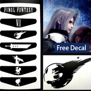 May include: A collection of black and white decals featuring Final Fantasy VII designs. The sheet includes the game's logo, the Roman numeral VII, a meteor, a sword, and character silhouettes. Also features a large black and white meteor decal and the text "Free Decal".