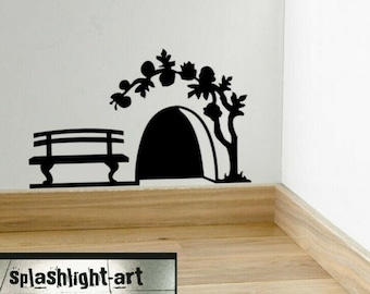 Mouse Hole Bench and Tree Black Vinyl Skirting Board Decal Sticker Wall Animal Art