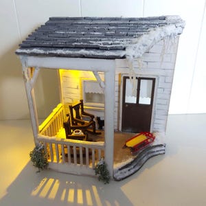 Handmade and Painted Book Nook Book Shelf Insert Diorama Winter Veranda Scene.