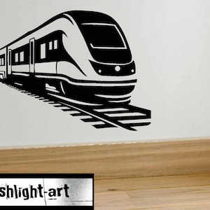 May include: A monochrome illustration of a high-speed train on rails. The train is depicted in a modern style, with detailed windows and a streamlined front. The image includes the text "splashlight-art".