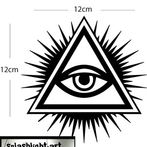 May include: Black and white graphic of the All Seeing Eye, a symbol featuring an eye within a triangle, surrounded by rays. The design is 12cm (4.7 inches) in height and width. The text "All Seeing Eye" is above the symbol. The artist's name is "splashlight-art".