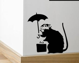 バンクシーのネズミと傘の巾木壁用デカール ブラックビニール