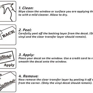 May include: A step-by-step guide for applying a decal, featuring four illustrated steps. The instructions include cleaning the surface, peeling the backing, applying the decal, and removing the transfer layer. The text includes the word "GeekSticker".