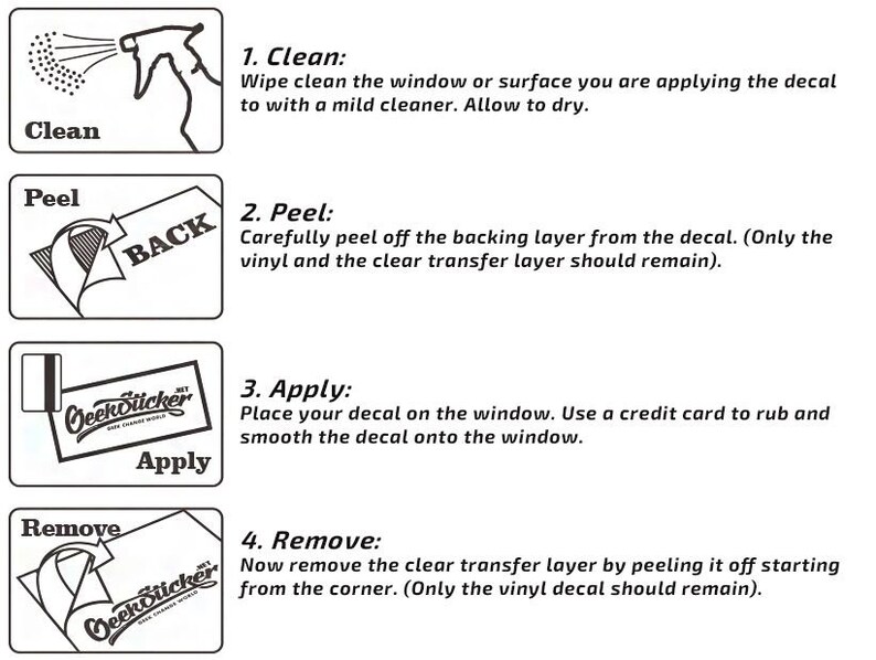 May include: A step-by-step guide for applying a decal, featuring four illustrated steps. The instructions include cleaning the surface, peeling the backing, applying the decal, and removing the transfer layer. The text includes the word "GeekSticker".