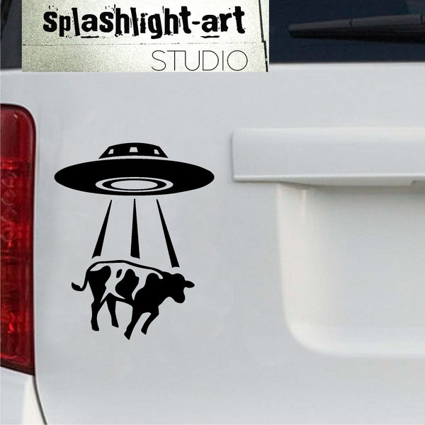 UFO Cow Abduction Decal Black Vinyl Decal Sticker for Laptop Car Wall Alien 5"