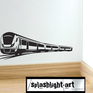 May include: A monochrome illustration of a high-speed train, shown in profile on tracks. The design features detailed windows and a streamlined shape. The image includes the text "splashlight-art".