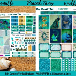 Peacock Fancy PRINTABLE Planner Stickers / Weekly Sticker Kit / Erin Condren / Teal / Cut Files / PNG / PDF Silhouette / Cricut Vintage feather