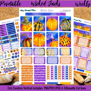 Naklejki do planowania Wicked Jacks PRINTABLE / Zestaw naklejek tygodniowych / Erin Condren / Halloween / Pliki do cięcia PNG / Sylwetka PDF / Cyfrowa dynia Cricut