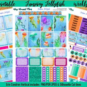 Skaczące meduzy Naklejki do wydruku Planner / Tygodniowy zestaw naklejek / Erin Condren / Życie morskie / Pliki do cięcia / PNG / Sylwetka PDF / Cricut ocean