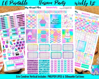 May include: A printable weekly kit for Erin Condren vertical planners featuring a unicorn party theme. The kit includes a variety of stickers with colorful designs, including unicorns, rainbows, cupcakes, and ice cream cones. The text "In a world full of horses, Be a Unicorn" is featured on one of the stickers.