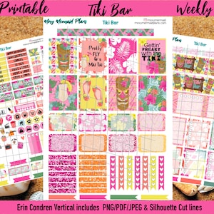 Naklejki do planera Tiki Bar PRINTABLE / Zestaw naklejek tygodniowych / Erin Condren / Tropical / Pliki do cięcia / PNG / Sylwetka PDF / Cricut Drinks Hawaii
