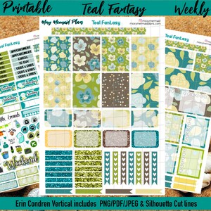 Naklejki do planera Teal Fantasy PRINTABLE / Zestaw naklejek tygodniowych / Erin Condren / kwiatowy / Pliki do cięcia / PNG / PDF Silhouette / Cricut Letnie kwiaty