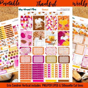Agradecidos pegatinas del planificador IMPRIMIBLE / Kit de pegatinas semanales / Erin Condren 7x9 Vertical / Acción de Gracias / Cortar archivos silueta/Cricut Especia de otoño