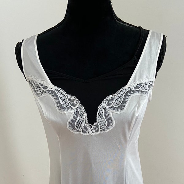 Vintage French White Satin and Lace Knee Length Slip with Plunging Neckline - (M/L)