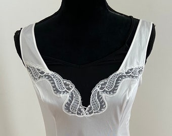 Vintage French White Satin and Lace Knee Length Slip with Plunging Neckline - (M/L)