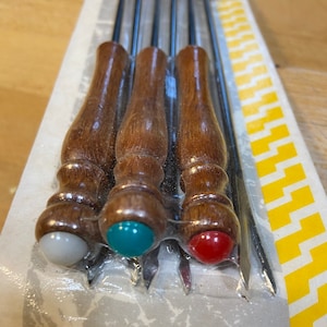 Vintage French Wooden Fondue Forks set of 6 stainless steel wood kitchen serving utensils 1970&#39;s