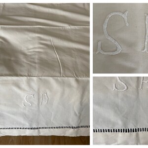 Extra Large French Antique King Size Metis Bed Sheet, Hand Embroidered Heirloom with Monogram 'SA' (220 x 314cm)
