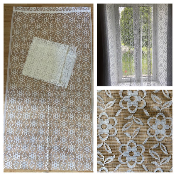 Pair of French Vintage Floral White Net Lace Panel Curtains with Rod Pocket / French Door / French Window Curtains (85 x 164cm)