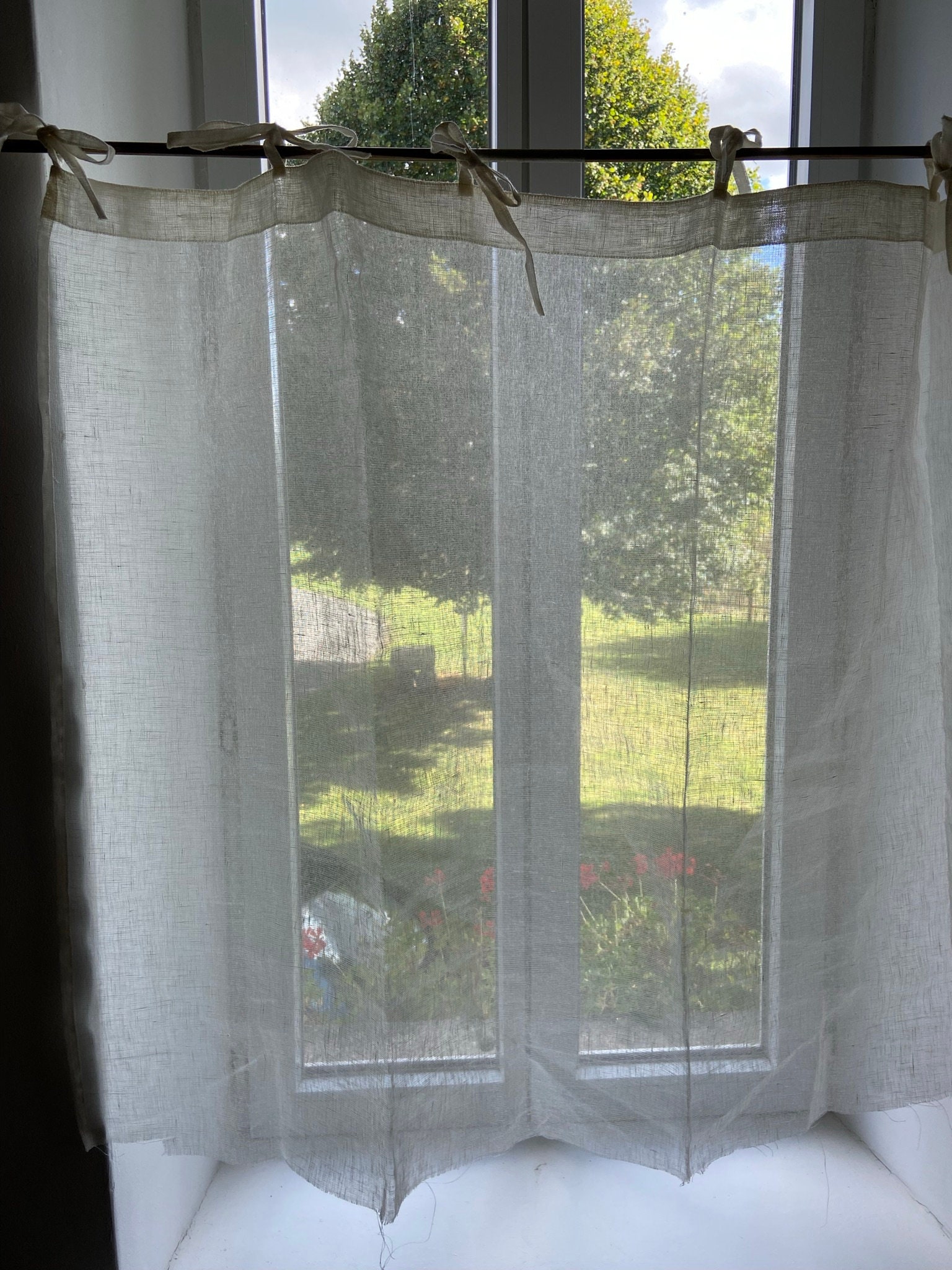 French Natural Linen Semisheer Tie Top Curtain / Rustic Linen Etsy