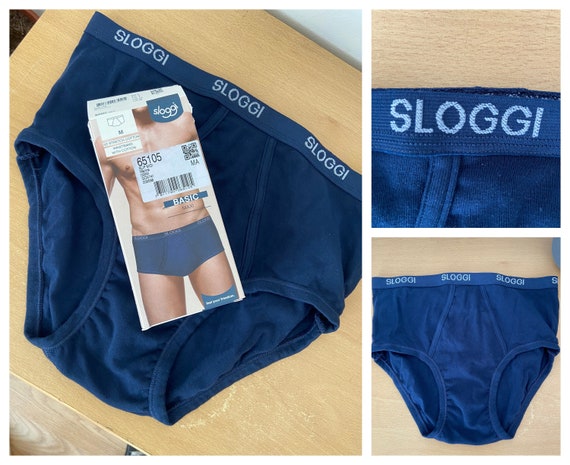 Boxed 1 Pair of Mens French Retro 1990's Classic Maxi Briefs 'SLOGGI' Navy  Blue Open Fly Cotton Underpants M 