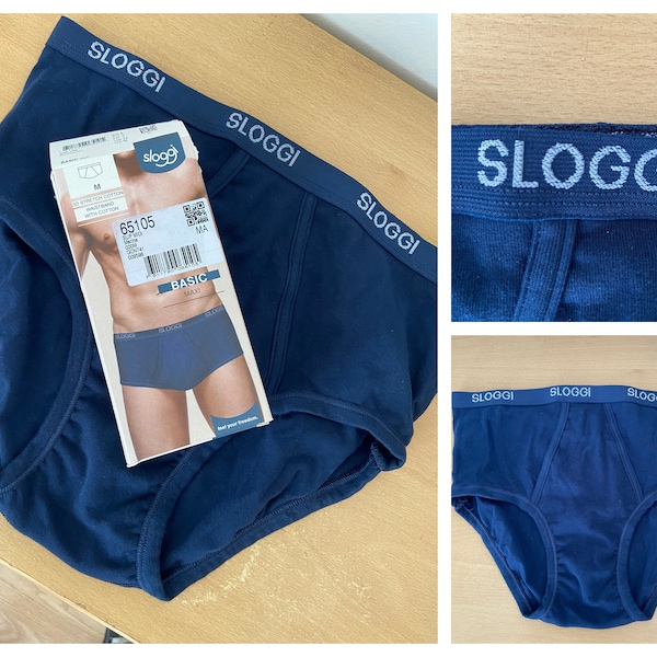 Boxed - 1 Pair of Mens French Retro 1990's Classic Maxi Briefs 'SLOGGI' Navy Blue Open Fly Cotton Underpants (M)