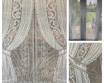 Unused - Pair of French Coloured Picture Panel Net Curtains - Open Drapes Looking onto French Panel Curtains / Tassel Curtains (60 x 162cm)