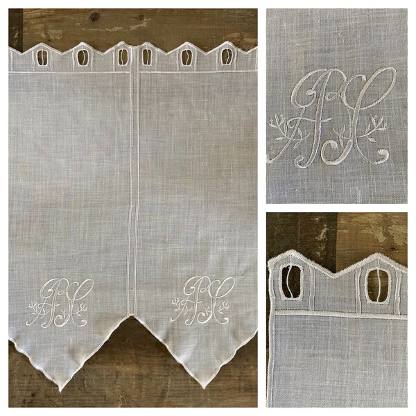 French White Cotton Embroidered 'Monogrammed' Pointed Cafe Tab Top Curtain - 46 x 56cm