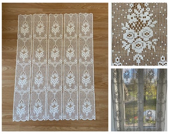 Vintage - French Antique White Lace Net Floral Cafe Curtain / Bistro / Panel Curtain with Scalloped Hem (73 x 100cm)