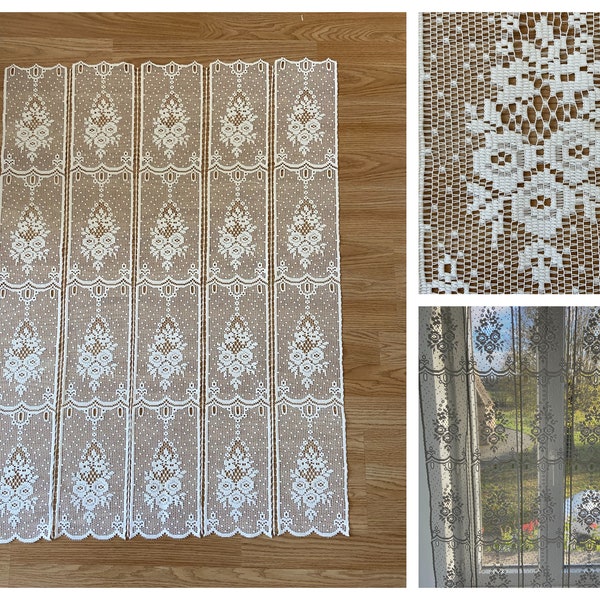 Vintage - French Antique White Lace Net Floral Cafe Curtain / Bistro / Panel Curtain with Scalloped Hem (73 x 100cm)