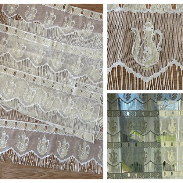 Unused - Traditional French Long and Narrow White and Cream Lace Net Embroidered Look Kitchen Cutting Curtain with Tassels (60 x 180cm)