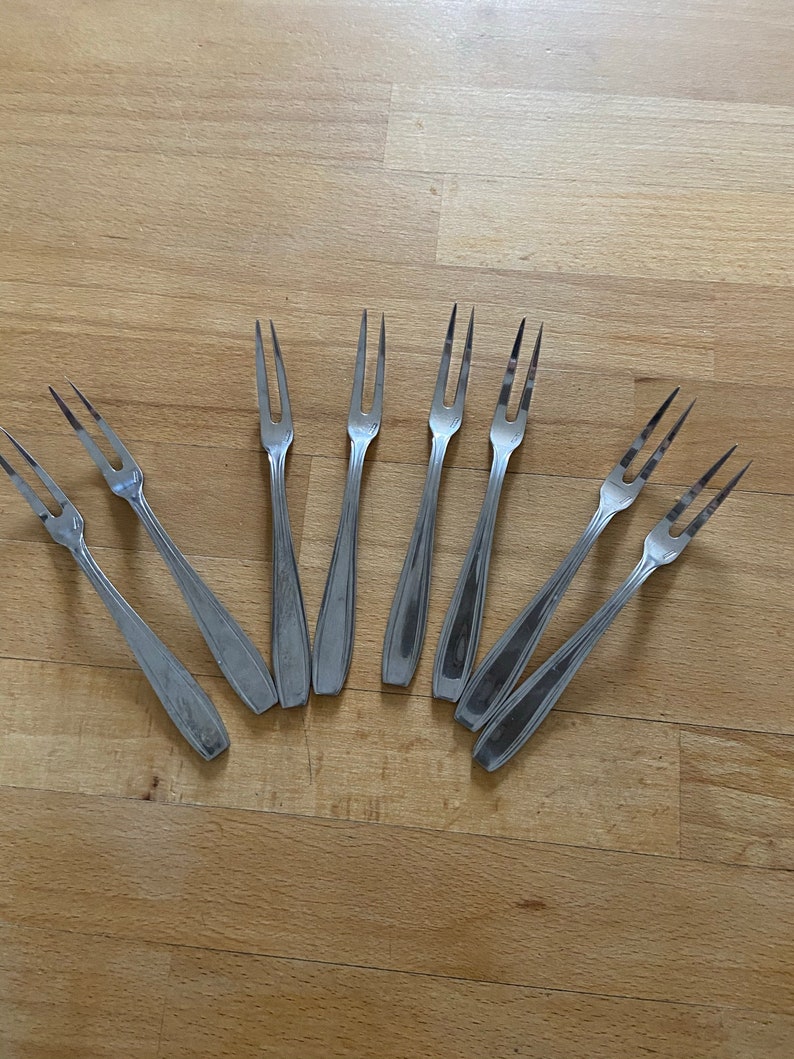 Set of 8 Vintage French Stainless Steel Seafood Escargot Aperitif Forks 5.5 long