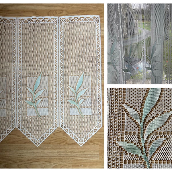 French Coloured Net Bistro / Pointed Cafe Curtain / Privacy Curtain - Green Flowers (60 x 63cm)