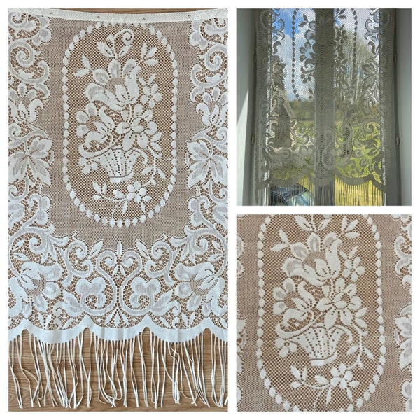 Traditional French Small Cream Lace Net Floral Picture Panel / Door Curtain with Tassels (52 x 86cm)