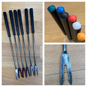Set of 6 - Vintage French Black Plastic and Stainless Steel Fondue Forks / French Kitchen Serving Utensils 1980&#39;s