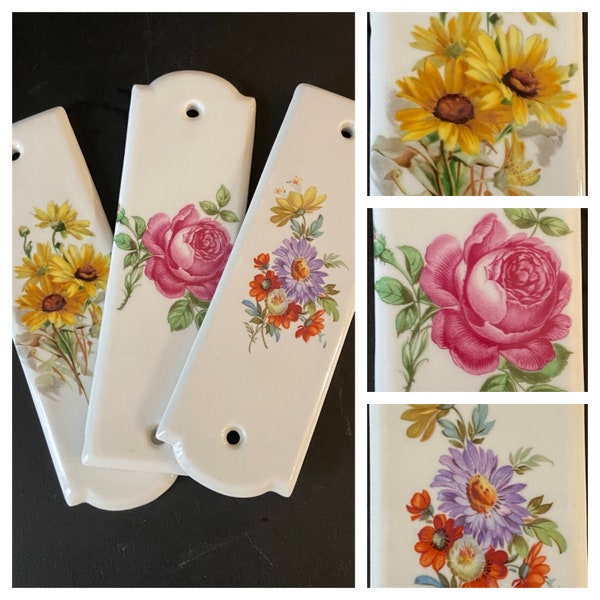 Set of 3 Floral Door Plates 'Champs-Elysees, Paris' French porcelain door furniture / French decorative Vintage finger plates for doors