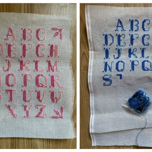 1 Sampler - French Vintage Hand Embroidery Sampler Learning A-B-C’s Alphabet Theme - Children’s Room / Nursery Decor  (Pink or Blue)