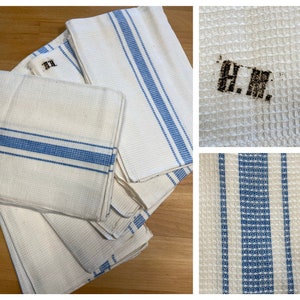 Set of 3 Extra Large Old French White with Blue Stripes Waffle Cotton Tea Towels with Hand Stamped Monogram (HM)