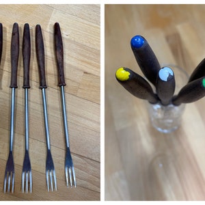 Set of 5 - Vintage French Wooden Fondue Forks / Stainless Steel wood Kitchen Serving Utensils 1960&#39;s